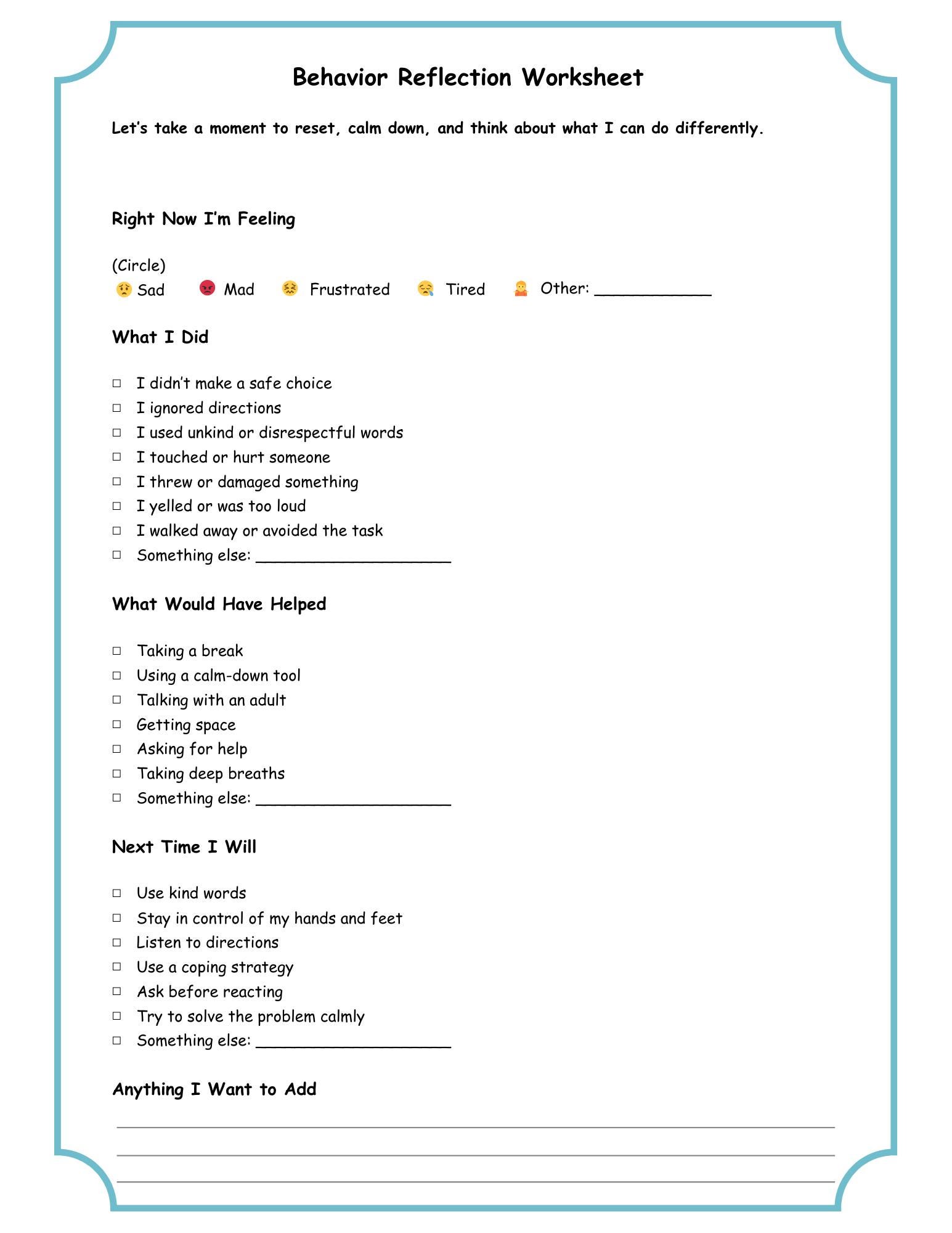 Behavior Reflection Worksheet Printable | Student Accountability Form ...