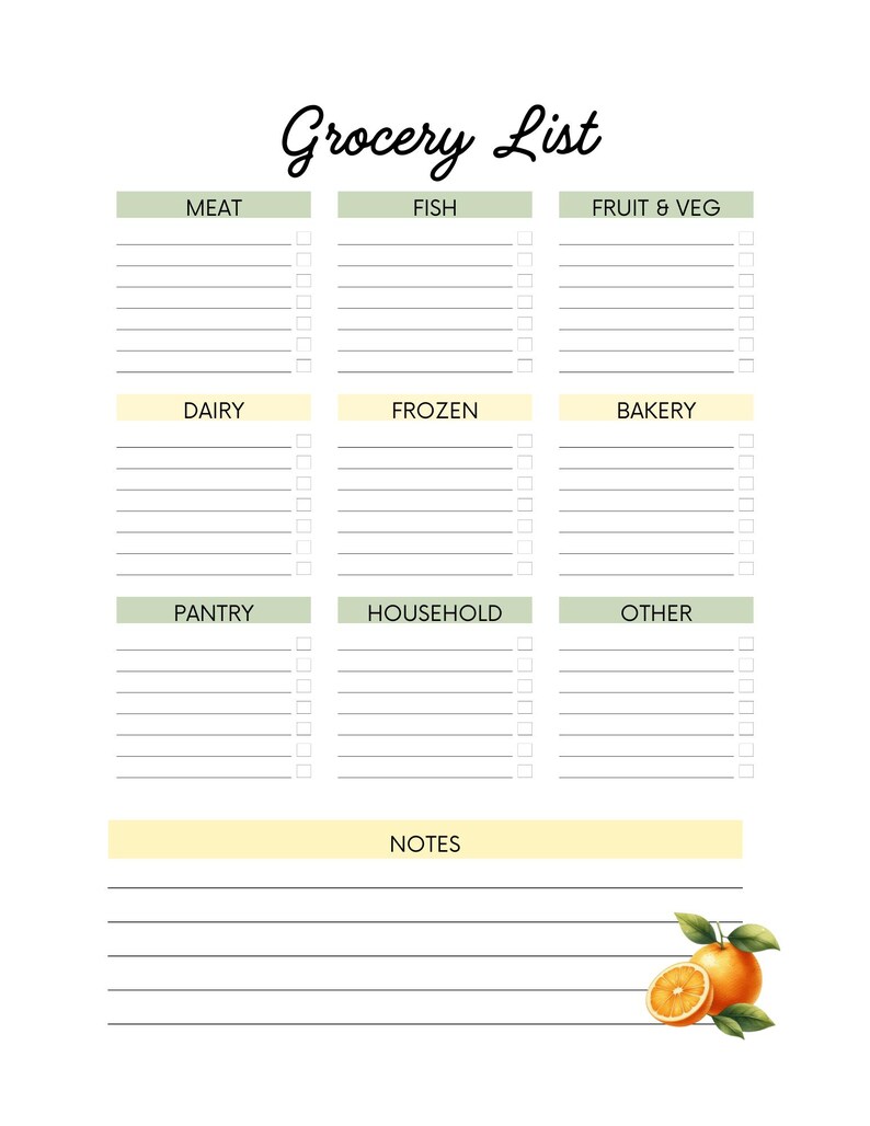 May include: A printable grocery list template with sections for meat, fish, fruit & veg, dairy, frozen, bakery, pantry, household, and other. There is also a notes section at the bottom of the page. The page is decorated with a small orange illustration.