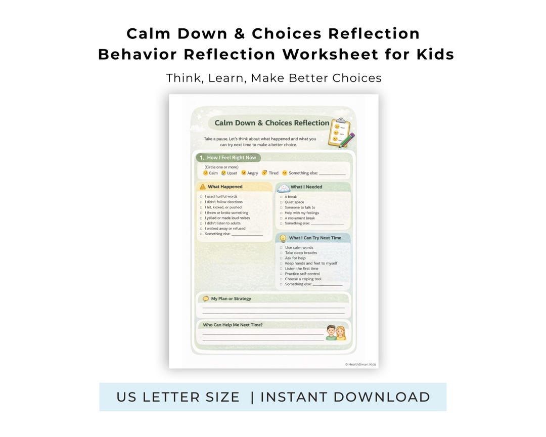Behavior Reflection Worksheet Kids Calm Down Choices Social Emotional ...