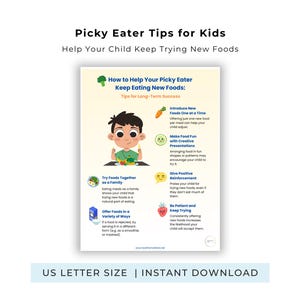 May include: A printable guide titled "Picky Eater Tips for Kids" with the text "Help Your Child Keep Trying New Foods." The guide features a cartoon child and tips like introducing new foods one at a time. The words "US LETTER SIZE | INSTANT DOWNLOAD" are at the bottom.