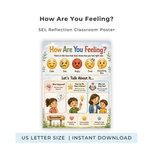 May include: A classroom poster titled How Are You Feeling? featuring five emoji faces representing emotions: calm, sad, angry, tired, and something else. Below, a section titled Let's Talk About It includes illustrations and prompts for reflection.
