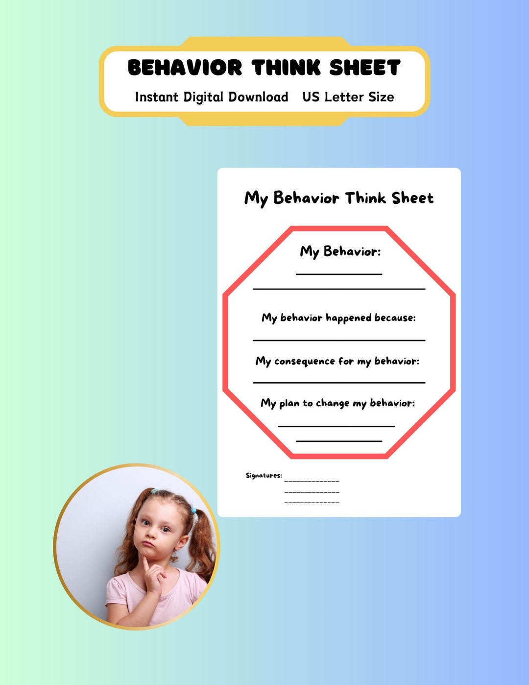 Behavior Worksheet Printable Think Sheet for Behavior Reflection ...