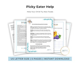 May include: A set of printable pages titled "Picky Eater Help" with text including "Help Your Child Try New Foods" and "Kid in the Kitchen Sensory/Food Fun Activities." The pages are in US Letter size and include a tracking chart and tips.