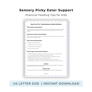 May include: A white document titled "Sensory Picky Eater Support" with the subtitle "Practical Feeding Tips for Kids." The document includes information on sensory processing issues and supporting picky eaters. Text at the bottom reads "US LETTER SIZE | INSTANT DOWNLOAD."