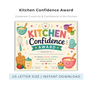 以下が含まれることがあります： 「Kitchen Confidence Award」と書かれたカラフルな証明書。 「Kitchen Confidence Award」と「Celebrate Creativity & Confidence in the Kitchen」の文字。 キッチンツールや食べ物の漫画イラストが特徴です。