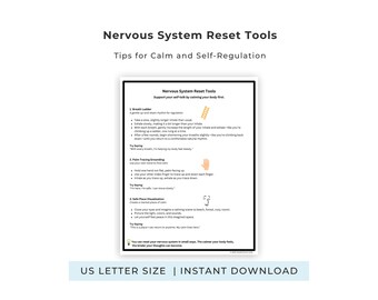 Op de afbeelding: Een wit informatieblad met de titel Nervous System Reset Tools: Tips for Calm and Self-Regulation. Het bevat drie technieken: Breath Ladder, Palm Tracing Grounding en Safe Place Visualization, voorzien van iconen en tekstuele instructies.