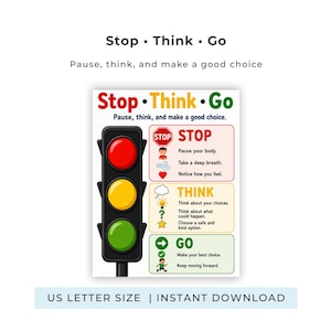 May include: A rectangular educational poster titled Stop Think Go featuring a traffic light graphic with red, yellow, and green lights. The text includes instructions for pausing, thinking, and making choices, with icons for each step on a white background.