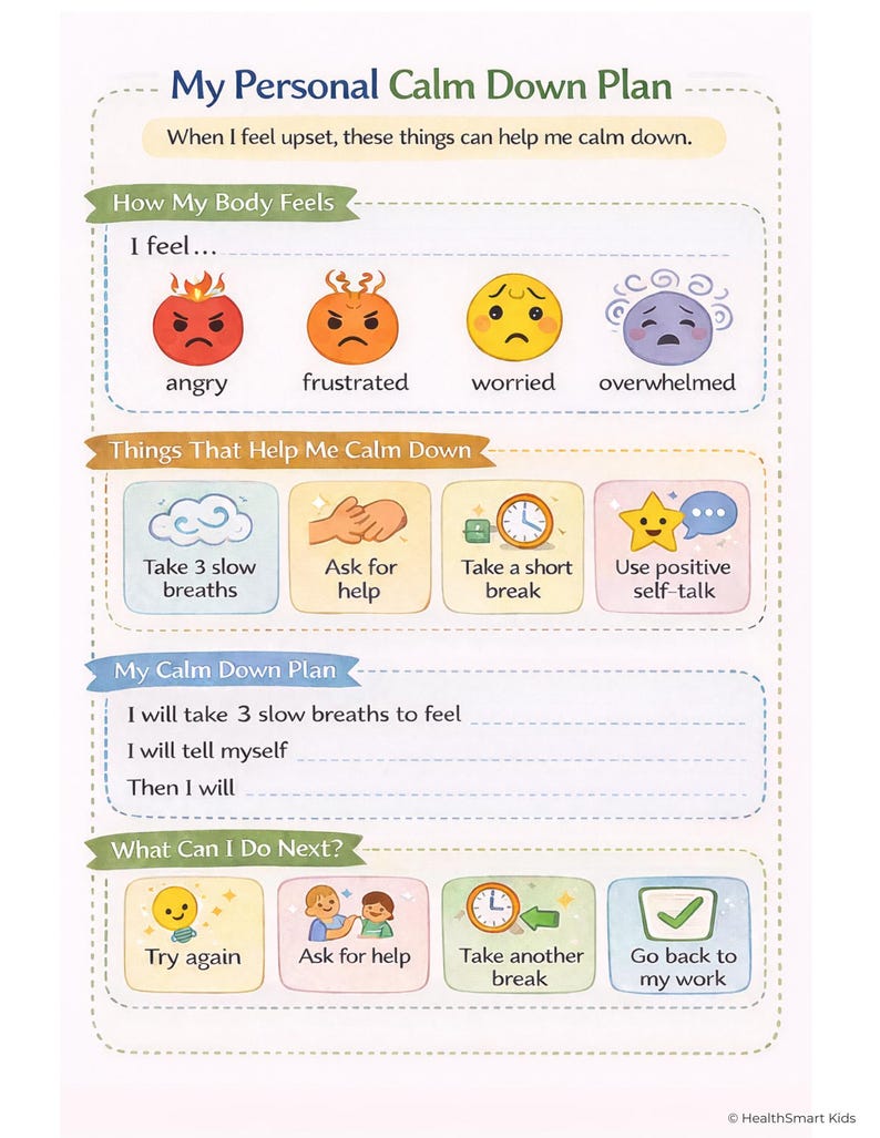 Calm Down Plan Worksheet Kids Emotional Regulation Coping Skills SEL ...