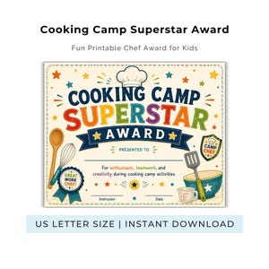 Può includere: Certificato stampabile di premio "Cooking Camp Superstar Award" con illustrazioni a tema cucina. Il testo include "Cooking Camp Superstar Award" ed è pensato per i bambini. Include cappello da chef, cucchiaio, frusta e ciotola.