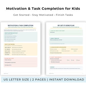 Op de afbeelding: Twee printbare pagina's met de titels Motivation & Task Completion for Kids en My Get-It-Done Plan. De documenten bevatten secties met selectievakjes en lijnen om te schrijven, georganiseerd in kleurgecodeerde blokken in blauw, geel en roze.