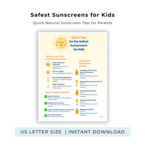 Pode incluir: Um infográfico branco intitulado "Protetores Solares Mais Seguros para Crianças" com dicas para pais. Inclui informações sobre o que procurar em protetor solar natural e como aplicá-lo. O texto "US LETTER SIZE | INSTANT DOWNLOAD" está na parte inferior.