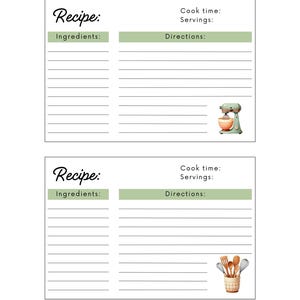 May include: Two printable recipe cards with blank lines for ingredients, directions, cook time, and servings. The first card has a green and white stand mixer illustration. The second card has a brown and white illustration of a utensil holder with wooden spoons and whisks.