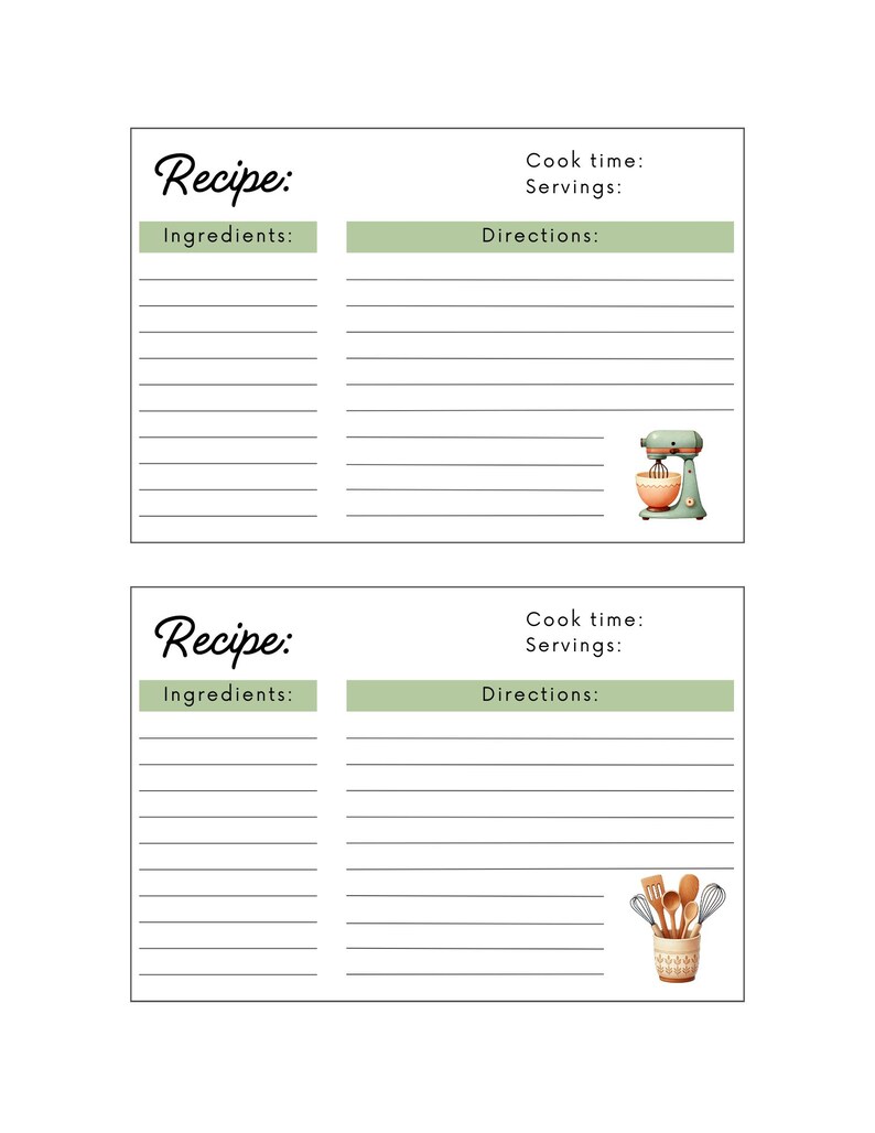 May include: Two printable recipe cards with blank lines for ingredients, directions, cook time, and servings. The first card has a green and white stand mixer illustration. The second card has a brown and white illustration of a utensil holder with wooden spoons and whisks.