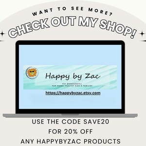 May include: A laptop screen displaying a website for printable worksheets for kids. The website is called "Happy by Zac" and the URL is https://happybyzac.etsy.com. The text "USE THE CODE SAVE20 FOR 20% OFF ANY HAPPYBYZAC PRODUCTS" is displayed below the laptop.
