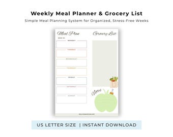 Weekly Meal Planner Printable with Grocery List (Digital Download)