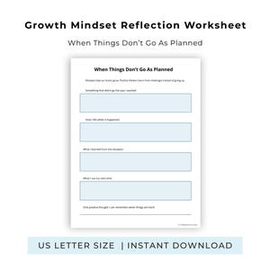 Pode incluir: Uma folha de trabalho branca intitulada "Growth Mindset Reflection Worksheet" com o subtítulo "When Things Don't Go As Planned". A folha de trabalho inclui seções para preencher para reflexão. O texto na parte inferior diz "US LETTER SIZE | INSTANT DOWNLOAD."