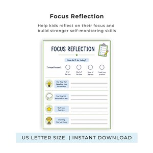 Può includere: Un foglio di lavoro per la riflessione sulla concentrazione intitolato Focus Reflection, con un'icona di appunti e una scala di autovalutazione. Include sezioni per i fattori di concentrazione, le distrazioni, gli obiettivi futuri e i successi.
