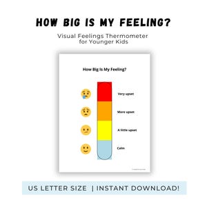 Könnte beinhalten: Ein weißer, druckbarer visueller Gefühlsthermometer für jüngere Kinder. Das Thermometer hat eine Skala von ruhig bis sehr verärgert, mit Emoji-Gesichtern. Der Text "How Big Is My Feeling?" steht oben.