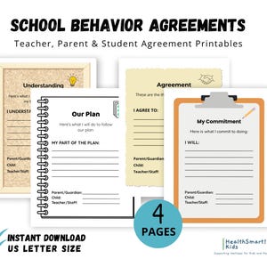 Könnte beinhalten: Druckbare Schulverhaltensvereinbarungen für Lehrer, Eltern und Schüler. Das Bild zeigt vier Seiten mit Ausfüllfeldern für Vereinbarungen und Verpflichtungen. Enthält den Text "Sofortiger Download US Letter Size" und "4 Seiten".