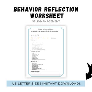 Puede incluir: Una hoja de trabajo blanca titulada "Behavior Reflection Worksheet" con el subtítulo "Self-Management". La hoja de trabajo incluye secciones para la autoevaluación y la reflexión. El texto en la parte superior dice "Behavior Reflection Worksheet". El texto inferior dice "US LETTER SIZE | INSTANT DOWNLOAD!"