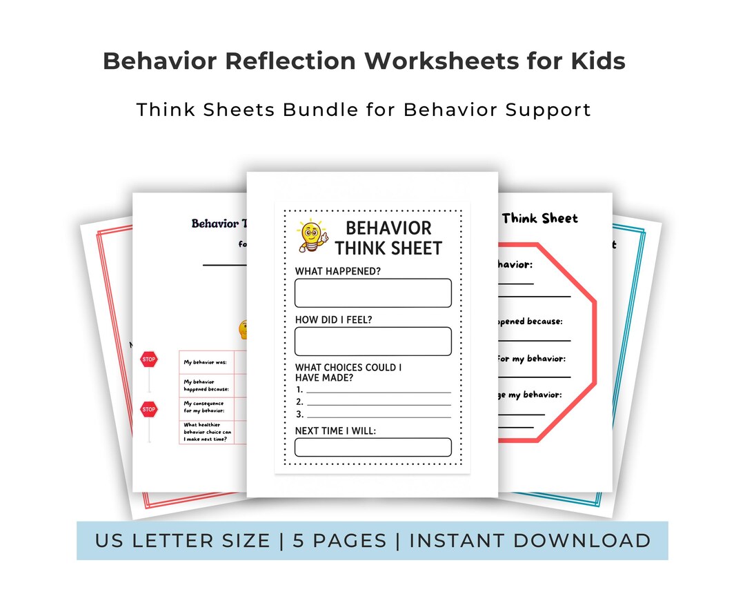 Behavior Reflection Worksheets for Kids | Think Sheet Bundle Printable ...