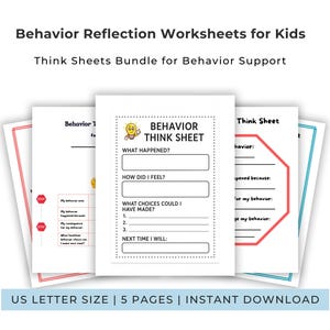 Behavior Reflection Worksheets for Kids | Think Sheet Bundle Printable PDF