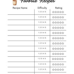 May include: A printable recipe tracker with a black and white design. The page has a title "Favorite Recipes" and includes columns for recipe name, difficulty rating from 1 to 5, and a star rating system.