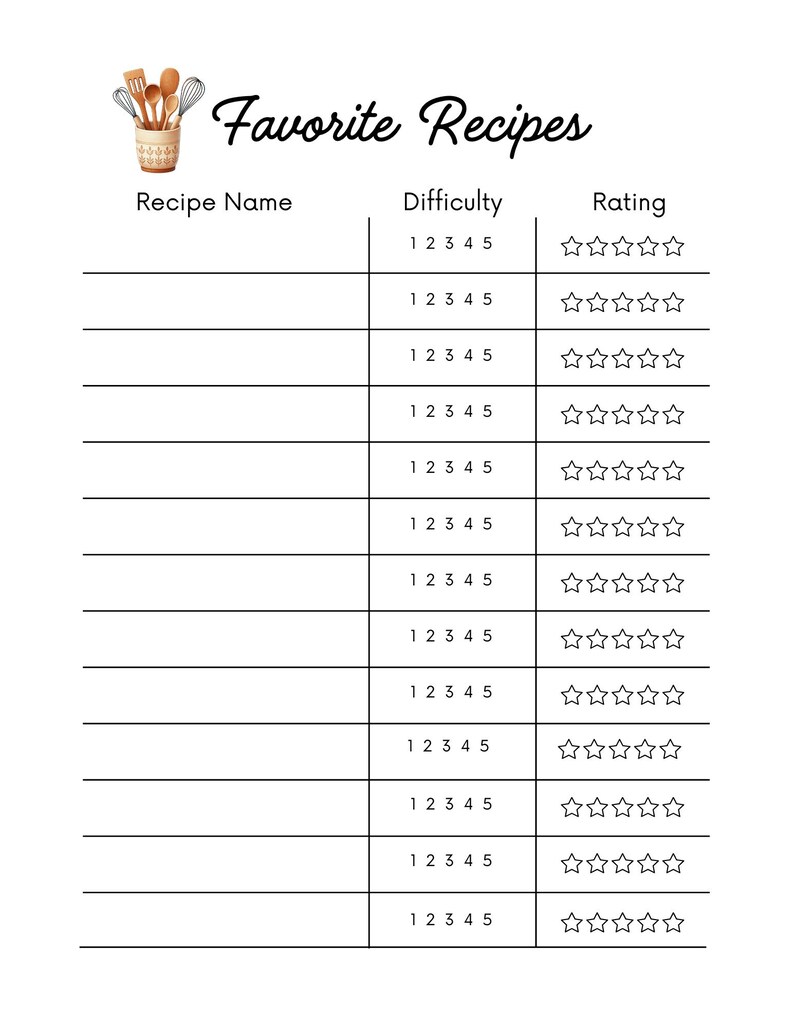 May include: A printable recipe tracker with a black and white design. The page has a title "Favorite Recipes" and includes columns for recipe name, difficulty rating from 1 to 5, and a star rating system.
