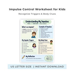 Könnte beinhalten: Ein pädagogisches Arbeitsblatt mit dem Titel Understanding My Impulses, das Abschnitte zur Definition von Impulsen, zur Identifizierung von Auslösern, zur Erkennung körperlicher Signale und zur Reflexion enthält, ergänzt durch Illustrationen.