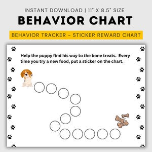 Op de afbeelding: Printbare gedragskaart voor kinderen met een cartoon-puppy en botten. Help de puppy zijn weg naar de botten te vinden door een sticker op elke cirkel te plakken als beloning voor goed gedrag.