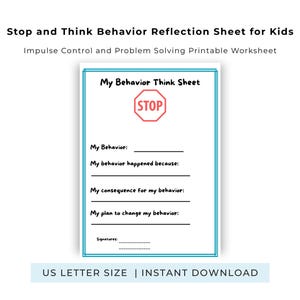Könnte beinhalten: Ein ausdruckbares Arbeitsblatt mit dem Titel "Stop and Think Behavior Reflection Sheet for Kids". Das Blatt enthält Aufforderungen zur Selbstreflexion über Verhalten, Konsequenzen und Änderungspläne. Das Design zeigt eine Stoppschild-Grafik.