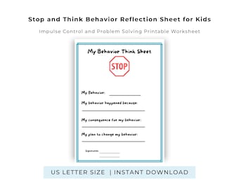Stop and Think Worksheet for Kids | Behavior Reflection Sheet | Impulse ...