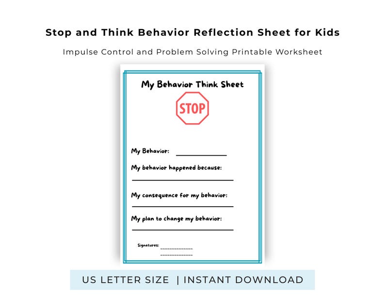 Stop and Think Worksheet for Kids | Behavior Reflection Sheet | Impulse ...