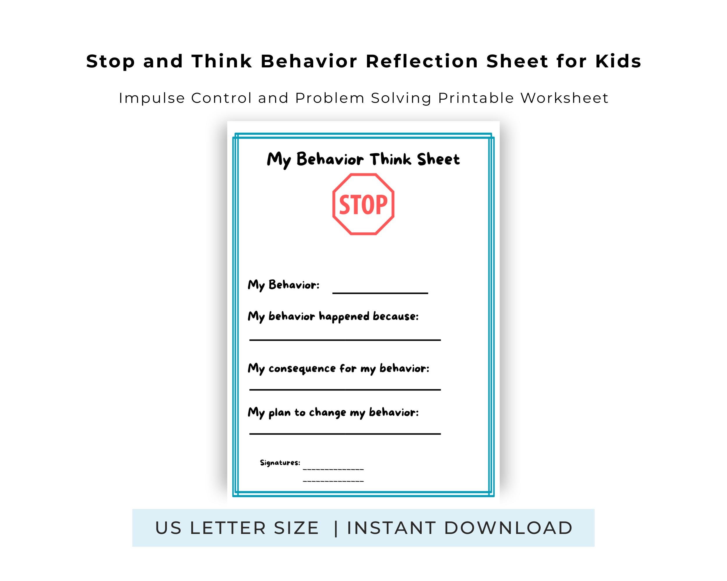 Stop and Think Worksheet for Kids | Behavior Reflection Sheet | Impulse ...