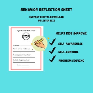 Behavior Reflection Stop and Think Worksheet for Kids - Impulse Control and Problem Solving