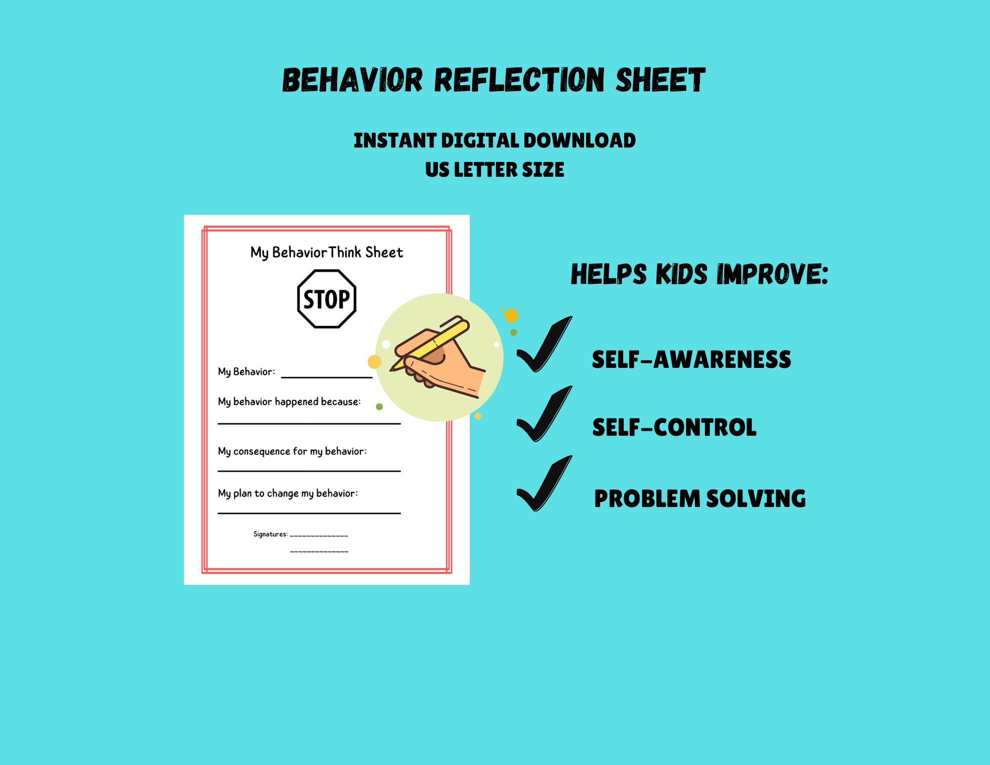 Behavior Reflection Stop and Think Worksheet for Kids - Impulse Control and Problem Solving