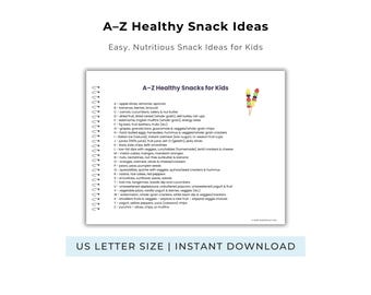 May include: A spiral-bound document titled A-Z Healthy Snacks for Kids, featuring a list of food items from A to Z with a small illustration of a fruit skewer. The text includes various snack suggestions like apple slices, berries, and yogurt.