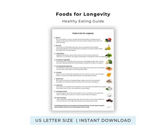 May include: A white document titled "Foods for Longevity Healthy Eating Guide" with a list of foods to eat for longevity. The document includes berries, olive oil, leafy greens, cruciferous vegetables, fish, turmeric, mushrooms, green tea, fermented foods, and dark chocolate.