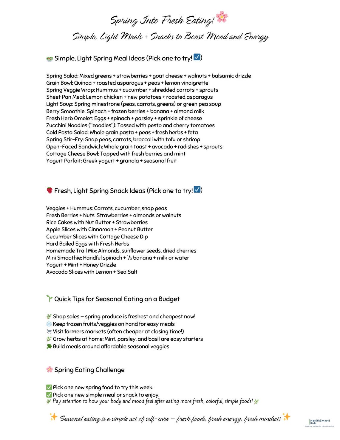 Printable Spring Eating Worksheets, Seasonal Produce Guide, Spring Meal ...