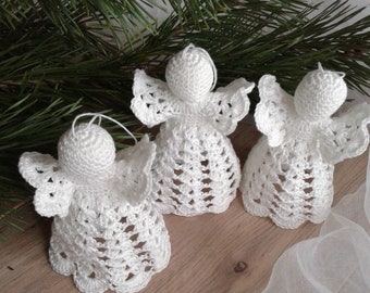 Crochet Christmas angels Set of 3 white wedding ornaments Angels christening baptism home decor Christmas tree Christmas ornaments Angels