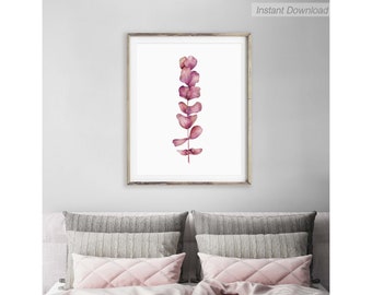Printable Wall Art, Eucalyptus Print of Watercolor Painting, Digital Download Pink Botanical Print, Art Printable Poster Bedroom Wall Decor
