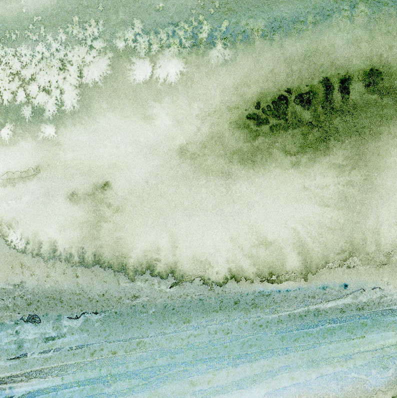 May include: Abstract watercolor painting with a light green background and a darker green area in the upper right corner. The background has a mottled texture and the darker green area has a more solid texture.