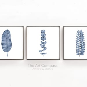 Square Botanical Print Set of 3 Leaf Watercolor Paintings, Printable Art, Navy Blue Artwork for Living Room Decor, Bathroom Wall Art