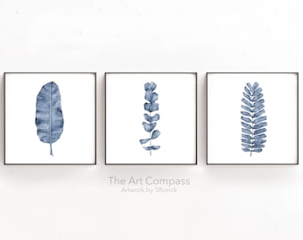 Square Botanical Print Set of 3 Leaf Watercolor Paintings, Printable Art, Navy Blue Artwork for Living Room Decor, Bathroom Wall Art