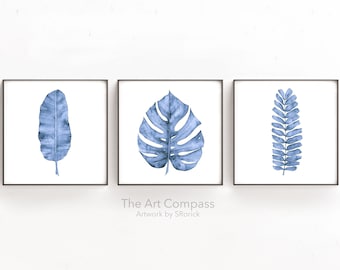 Botanical Printable Wall Art Print Set of 3, Digital Prints Download, Cornflower Blue Fern, Banana, Monstera Leaf Paintings, 4x4 to 24x24