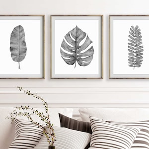 Puede incluir: Tres impresiones enmarcadas en blanco y negro de acuarela de hojas tropicales. Las impresiones est&aacute;n en marcos plateados simples y est&aacute;n colgadas en una pared blanca.