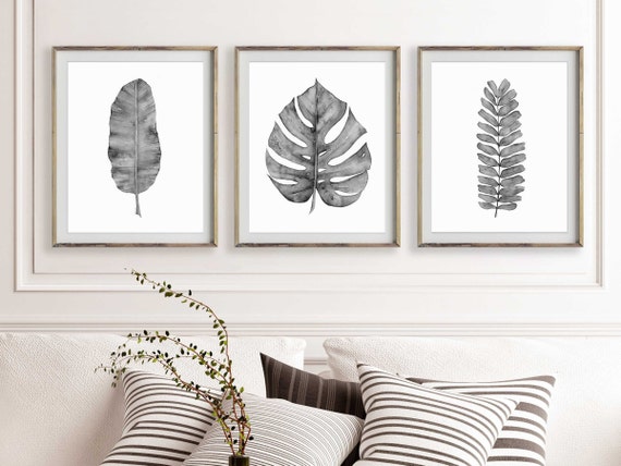 Printable Wall Art Set of 3 Digital Download Prints of Watercolor Leaves, Sizes 6x8, 12x16, 18x24 Inches, Downloadable Artwork for Walls