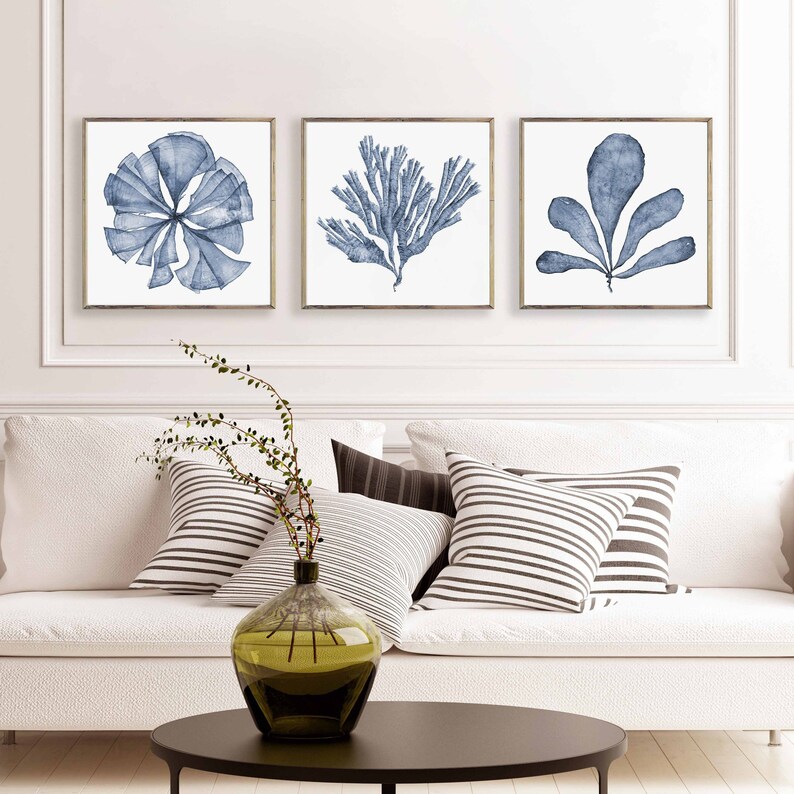 Art Printable Set of 3 Square Downloadable Prints of Navy Blue Sea Fan Watercolour Paintings, Matching Three Piece Living Room Wall Decor
