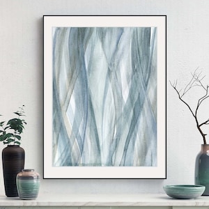 May include: Abstract watercolor painting in shades of blue and gray. The painting features a series of vertical lines that appear to be flowing and overlapping. The lines are painted in a loose and gestural style, creating a sense of movement and energy.