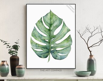 Monstera Print Download, Tropical Leaf Printable Wall Art, Dorm Decor, Palm Leaf Watercolor Painting, Instant Download, Green Botanical Art